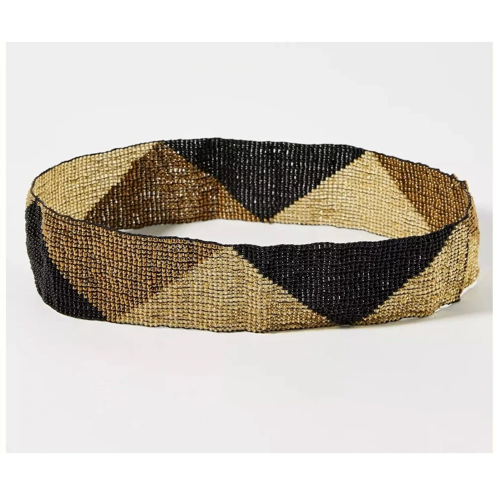 Anthropologie Cocobelle Beaded Elastic Belt Black Bronze Geometric  Boho - Picture 2 of 6